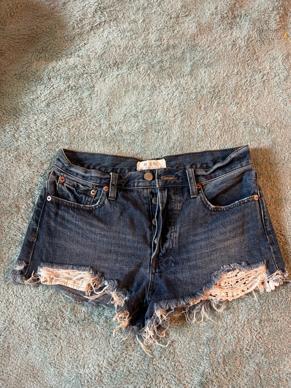 We The Free Dark Blue Denim Crochet-Trim Shorts